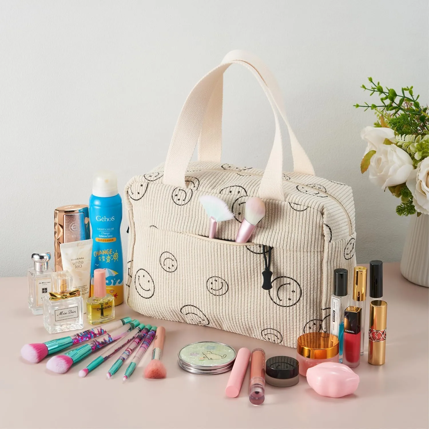 Large Makeup Bag for Women-Cute Corduroy Cosmetic bag Smile Face Makeup bag Zipper Pouch Corduroy Cosmetic Organizer Hanging Toiletry Bag for Women Travel