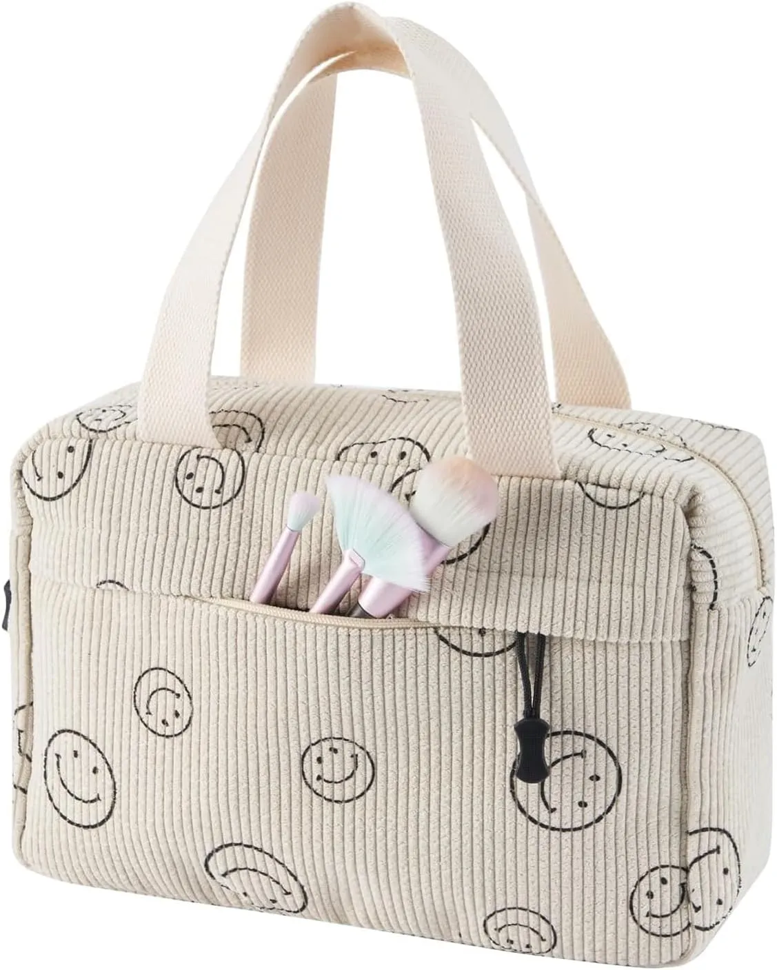 Large Makeup Bag for Women-Cute Corduroy Cosmetic bag Smile Face Makeup bag Zipper Pouch Corduroy Cosmetic Organizer Hanging Toiletry Bag for Women Travel