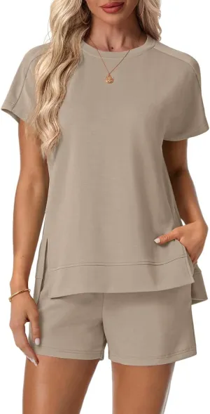 Lepunuo 2 Piece Short Sets for Women Summer Outfits Short Sleeve Tops Elastic Waist Shorts Lounge Set Vacation Travel Outfits