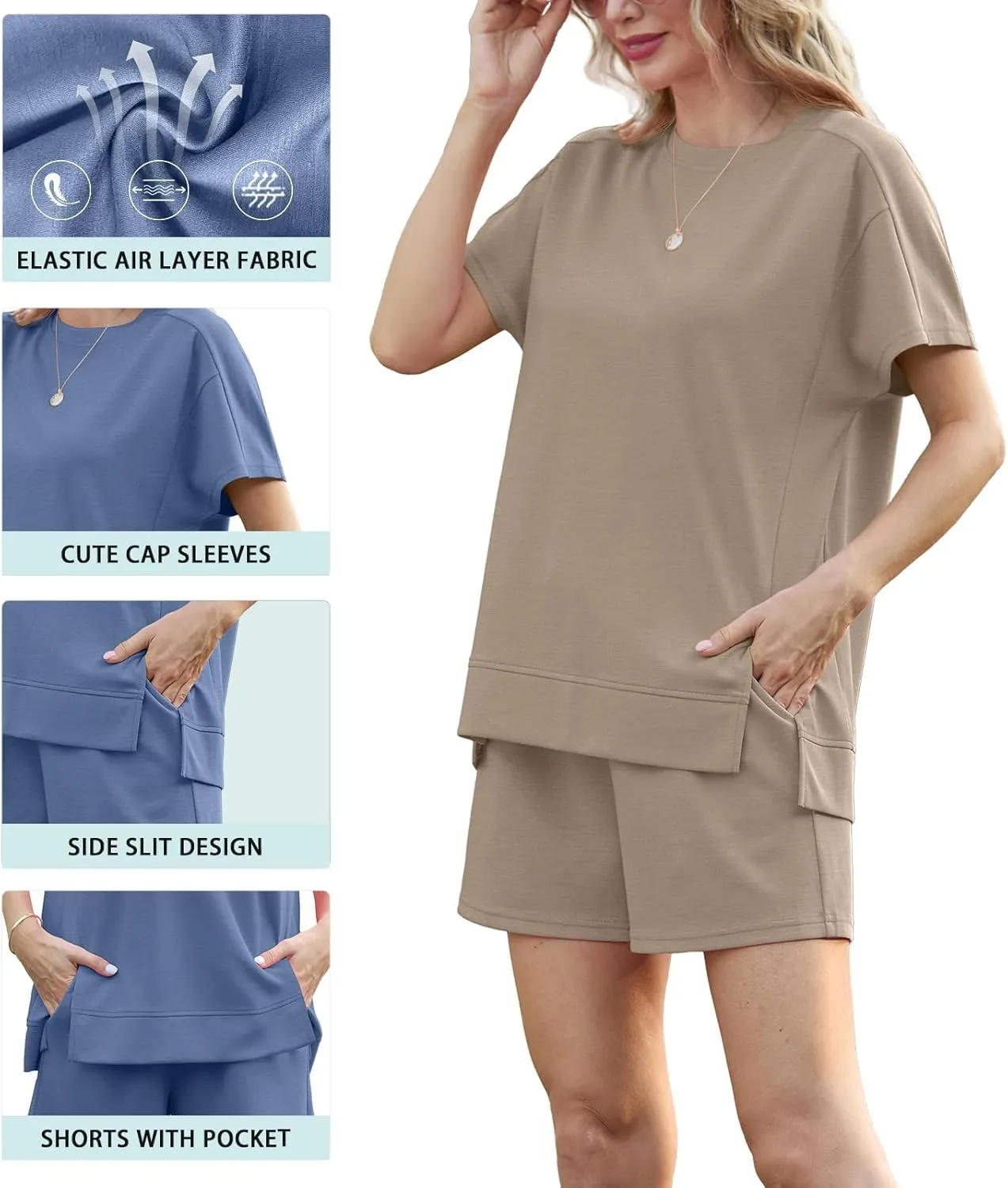 Lepunuo 2 Piece Short Sets for Women Summer Outfits Short Sleeve Tops Elastic Waist Shorts Lounge Set Vacation Travel Outfits