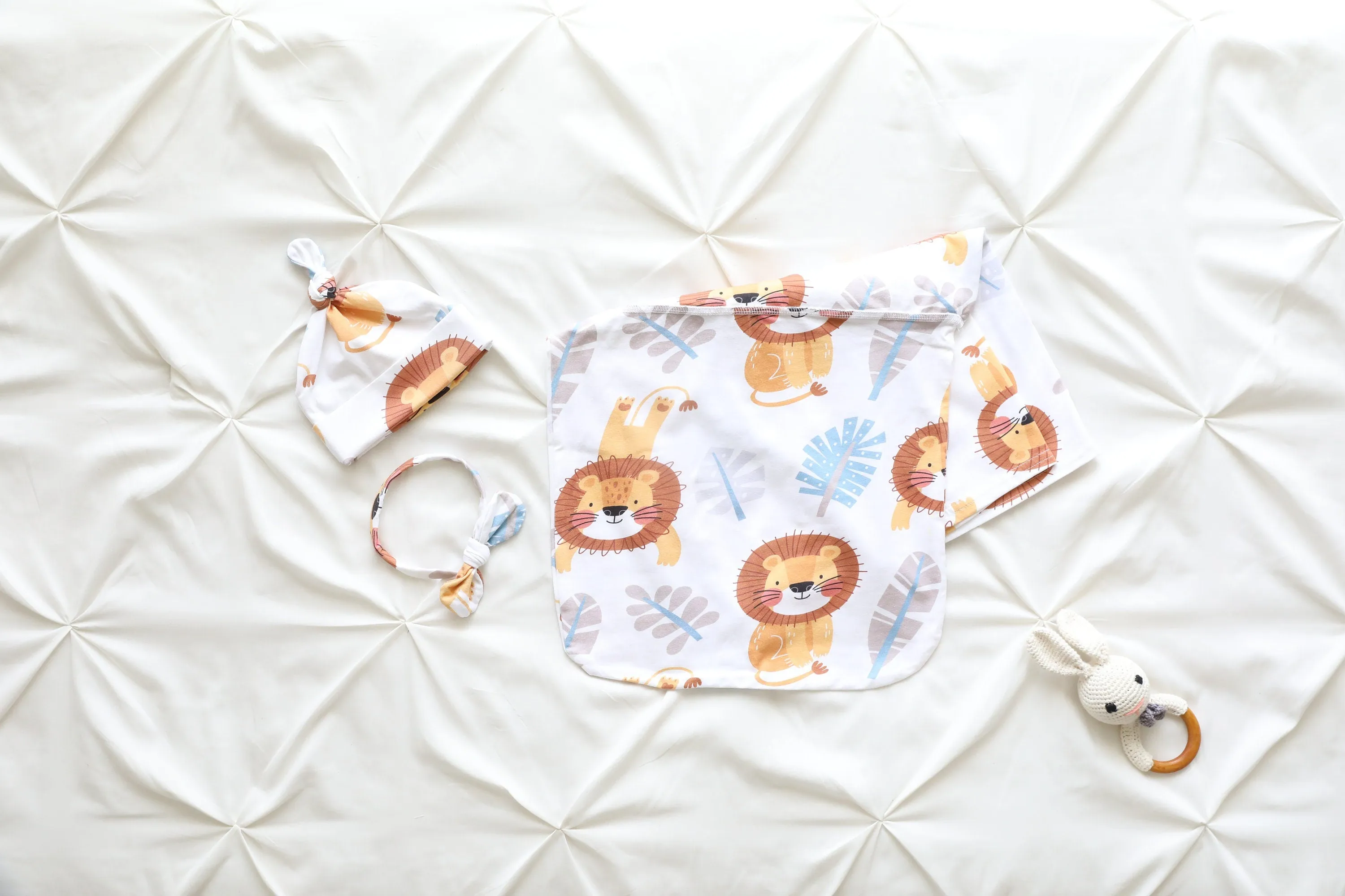 Lion Safari Baby Swaddle Blanket, Bow Headband & Personalized Hat  Adventure Baby Wrap for Sweet Dreams