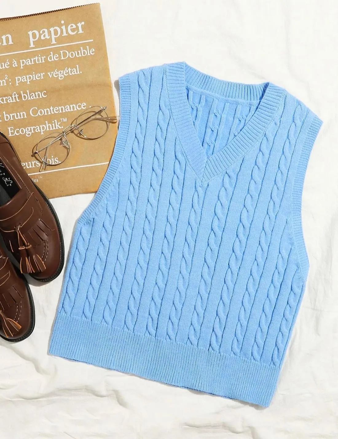 Locachy Women's Vintage Loose V Neck Sleeveless Cable Knit Preppy Style Pullover Sweater Vest