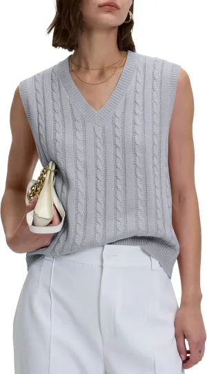 Locachy Women's Vintage Loose V Neck Sleeveless Cable Knit Preppy Style Pullover Sweater Vest