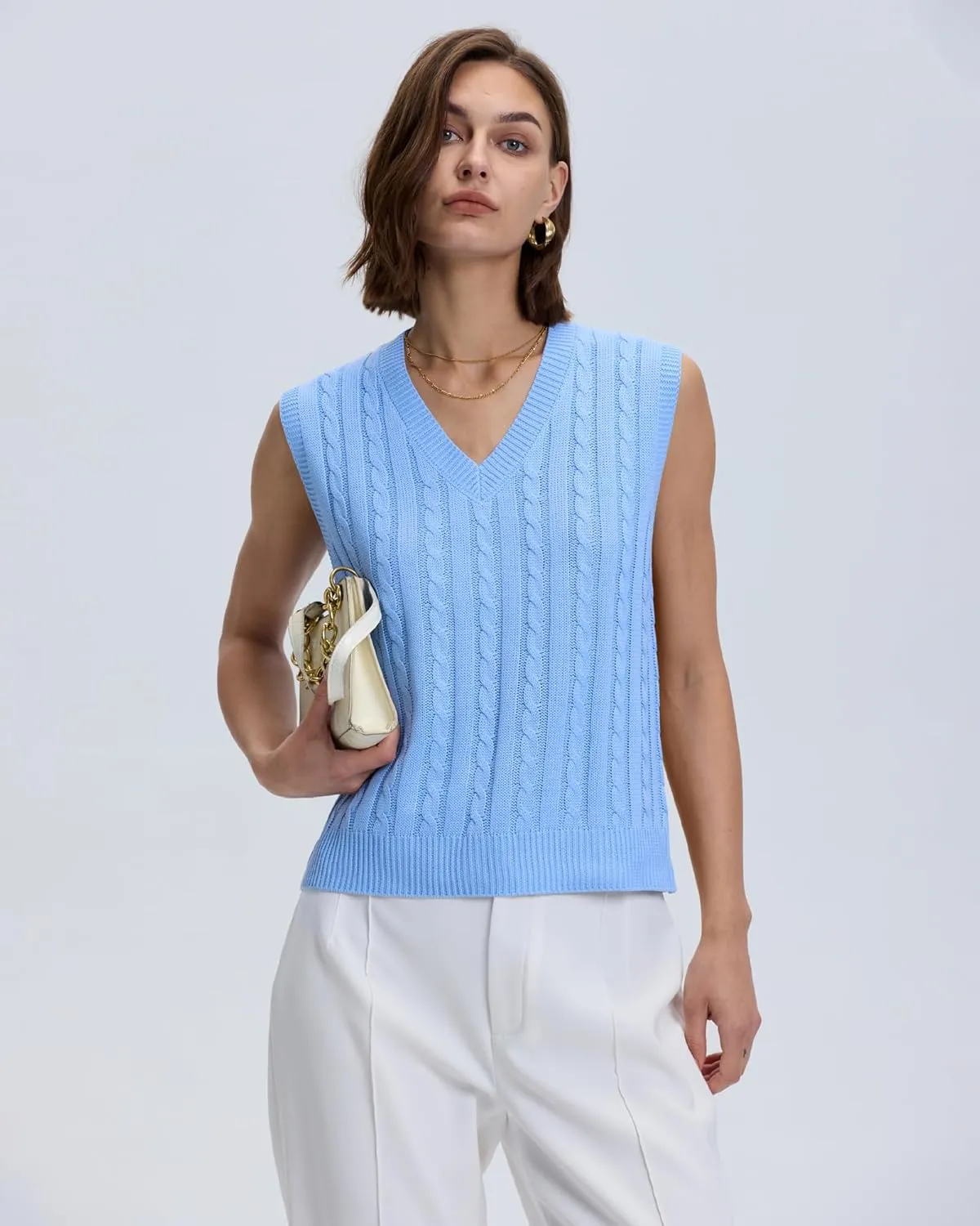 Locachy Women's Vintage Loose V Neck Sleeveless Cable Knit Preppy Style Pullover Sweater Vest
