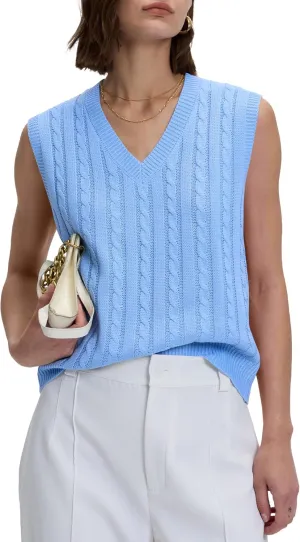 Locachy Women's Vintage Loose V Neck Sleeveless Cable Knit Preppy Style Pullover Sweater Vest