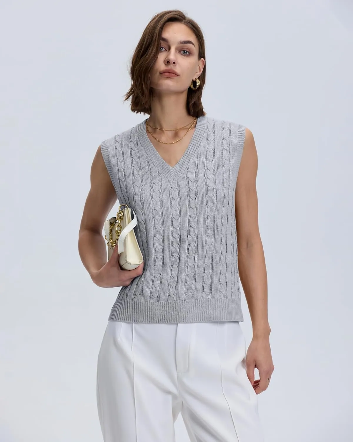 Locachy Women's Vintage Loose V Neck Sleeveless Cable Knit Preppy Style Pullover Sweater Vest