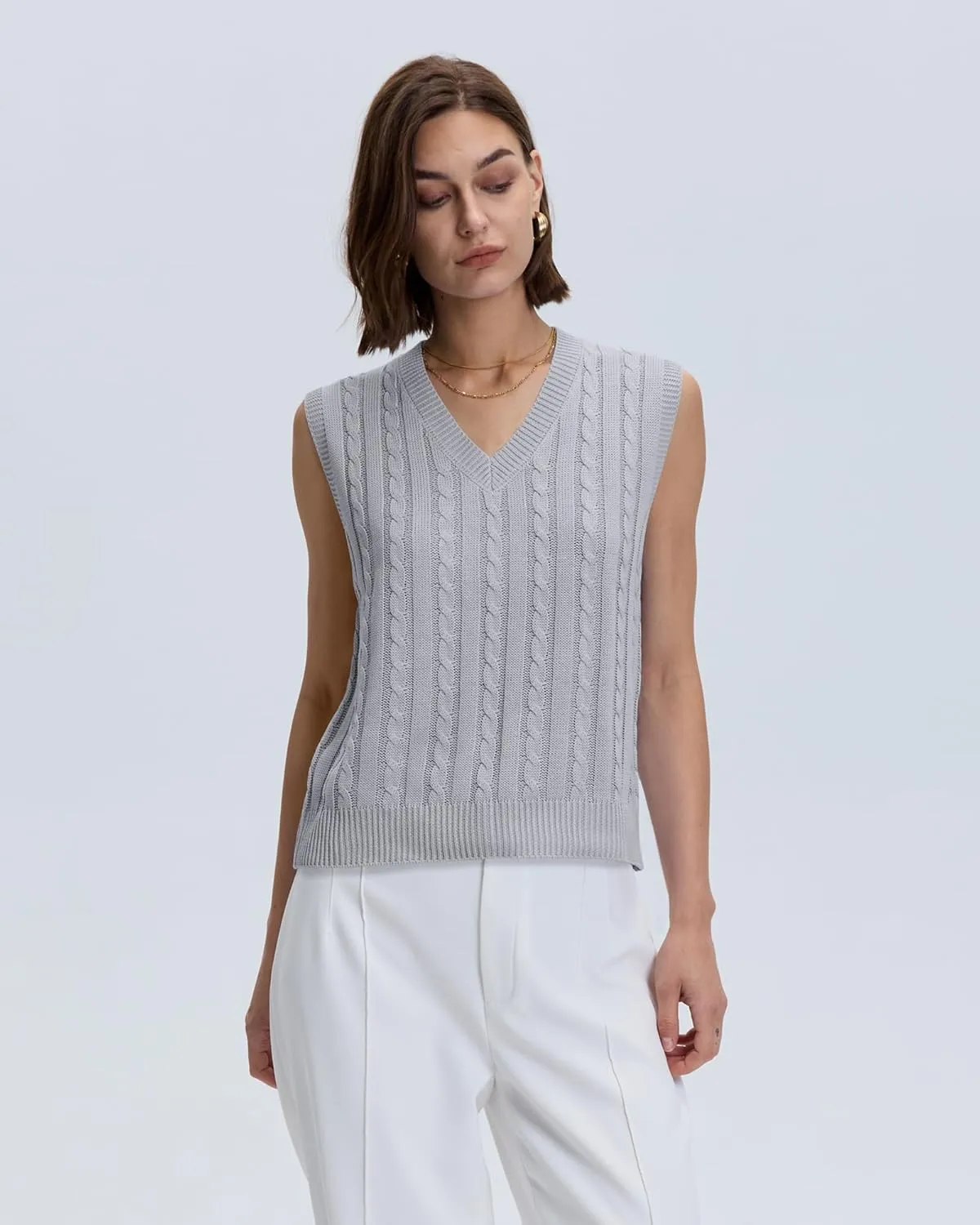 Locachy Women's Vintage Loose V Neck Sleeveless Cable Knit Preppy Style Pullover Sweater Vest