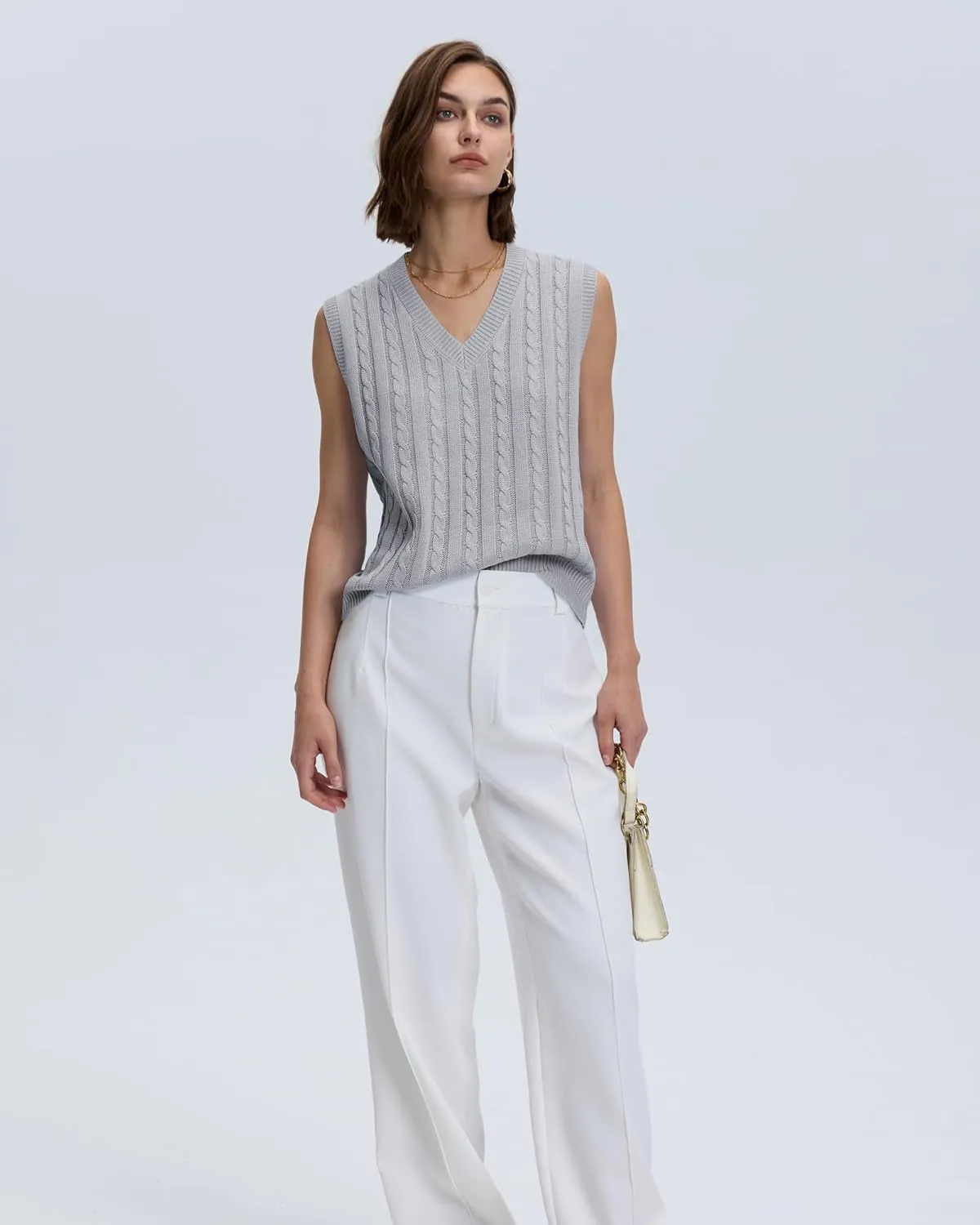 Locachy Women's Vintage Loose V Neck Sleeveless Cable Knit Preppy Style Pullover Sweater Vest