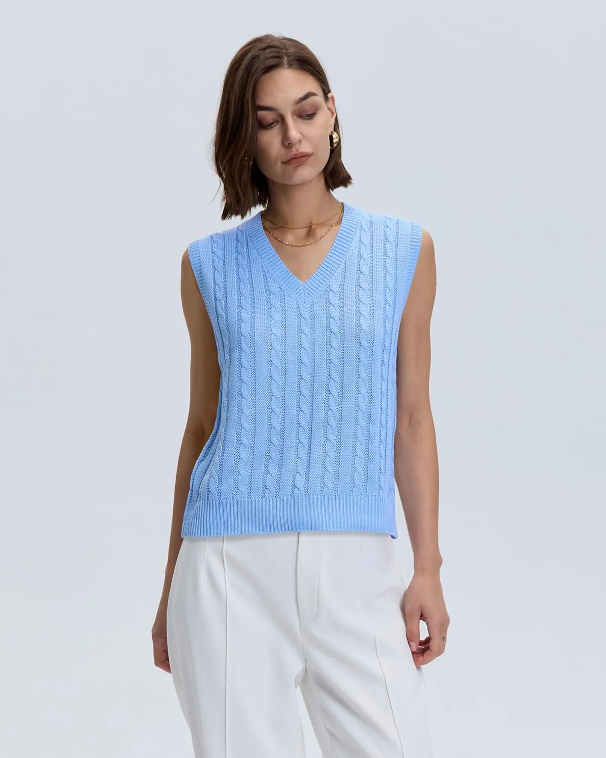 Locachy Women's Vintage Loose V Neck Sleeveless Cable Knit Preppy Style Pullover Sweater Vest