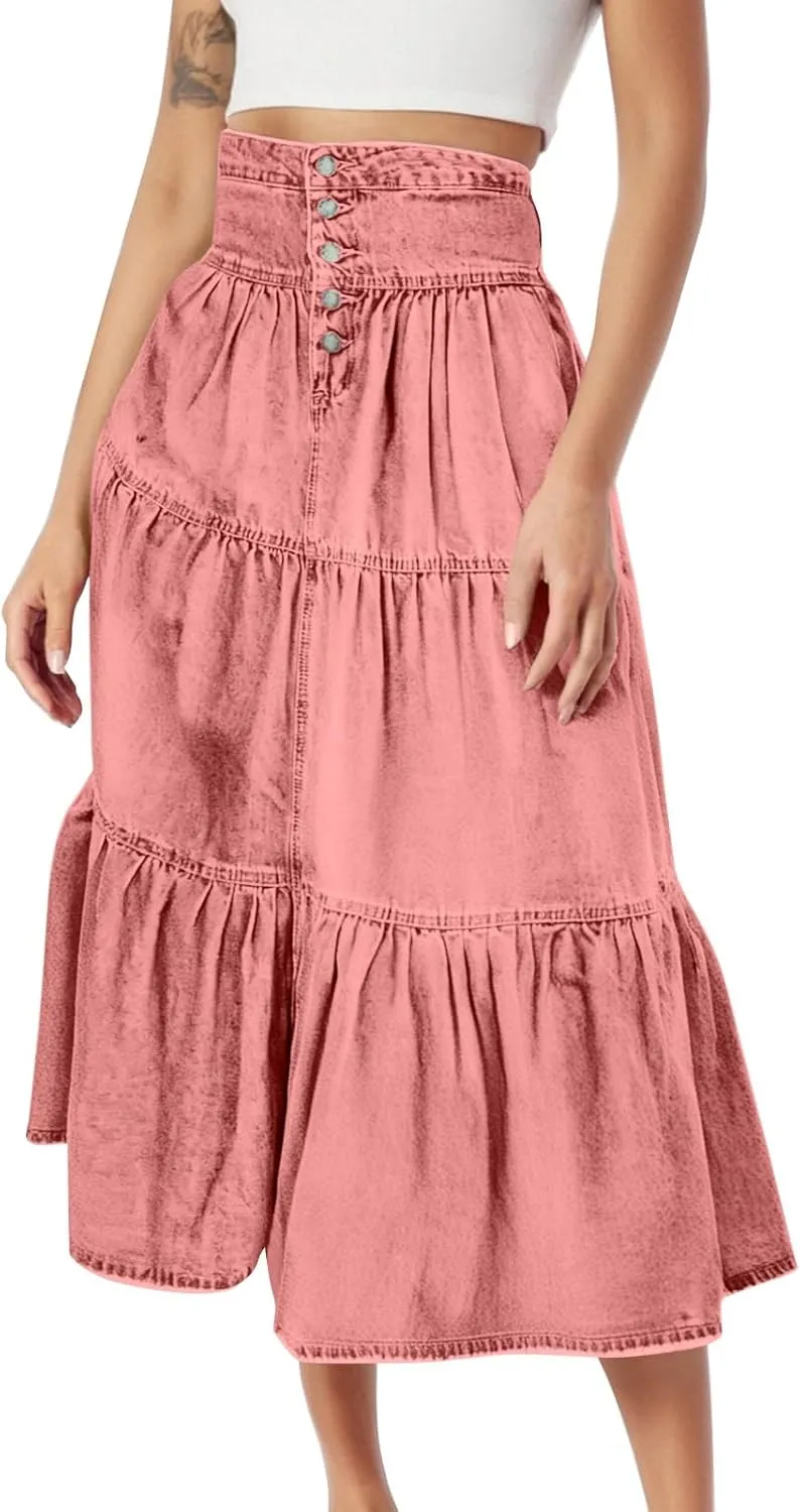 Long Denim Skirts for Women,Button Down High Waist Tiered Ruffle Swing A-Line Jean Maxi Skirt with Pockets
