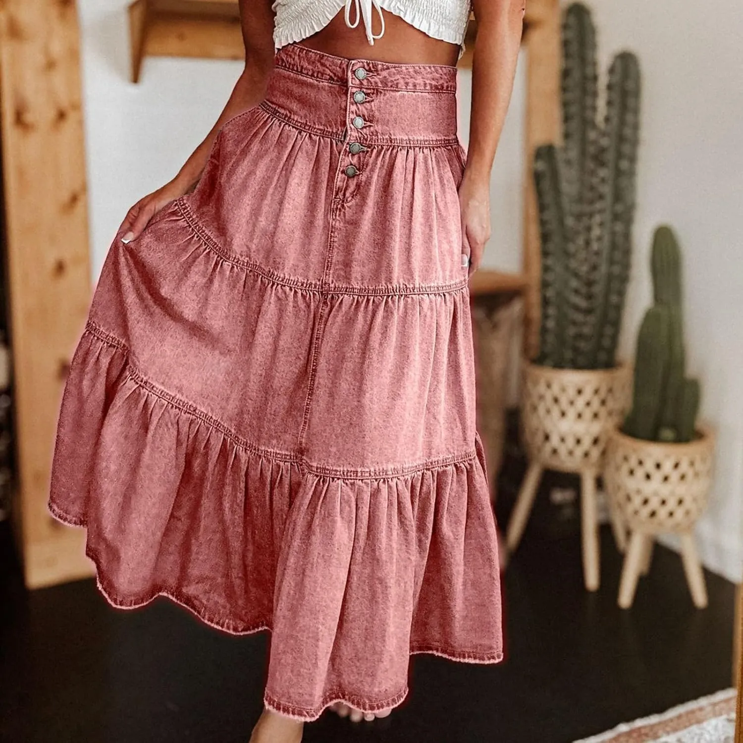 Long Denim Skirts for Women,Button Down High Waist Tiered Ruffle Swing A-Line Jean Maxi Skirt with Pockets