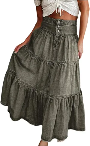 Long Denim Skirts for Women,Button Down High Waist Tiered Ruffle Swing A-Line Jean Maxi Skirt with Pockets