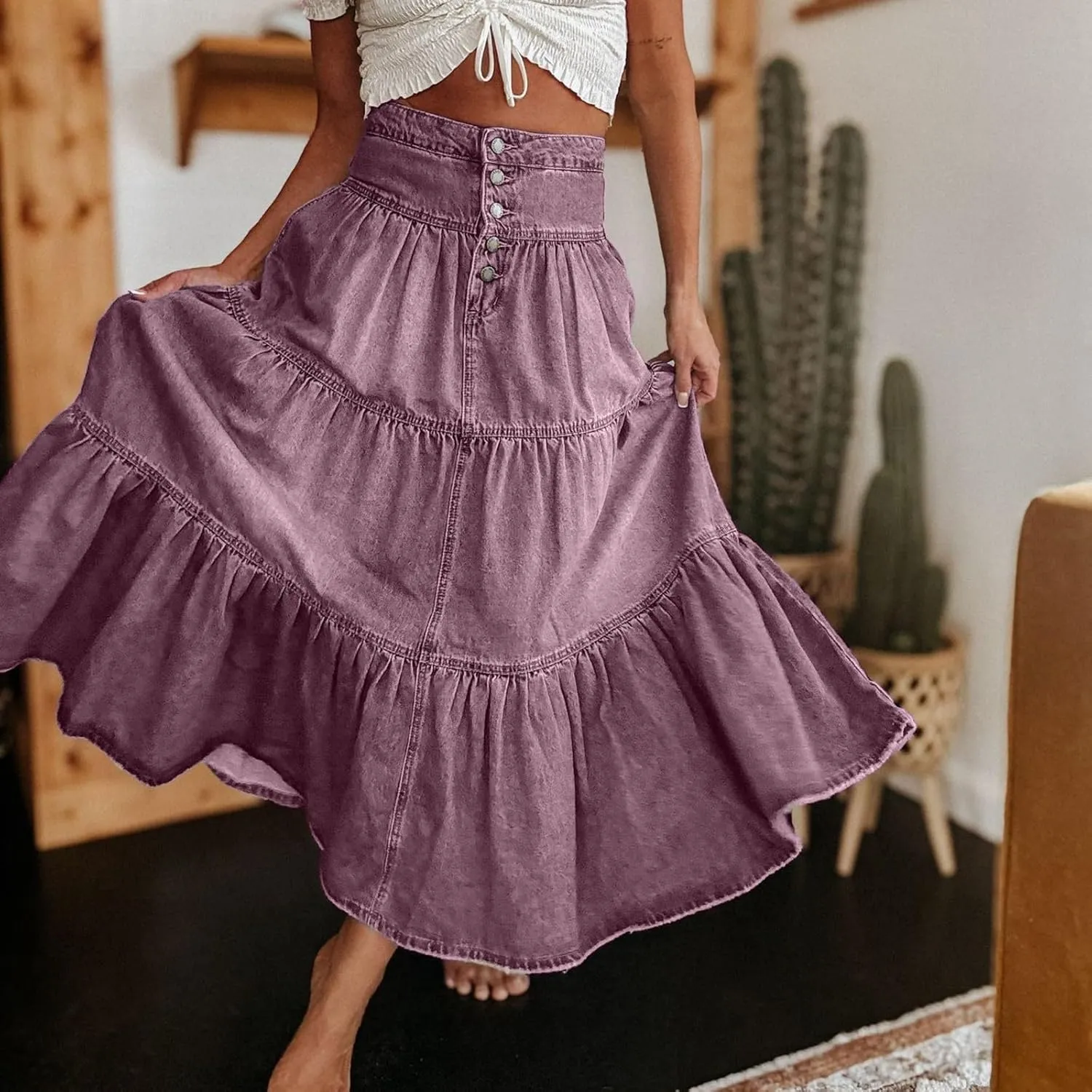 Long Denim Skirts for Women,Button Down High Waist Tiered Ruffle Swing A-Line Jean Maxi Skirt with Pockets