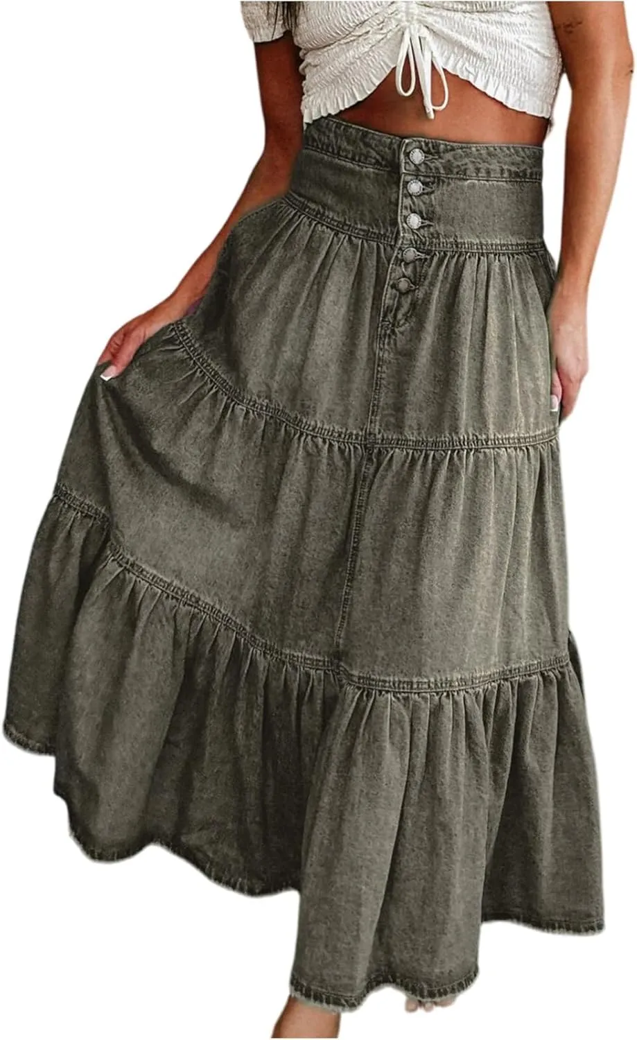 Long Denim Skirts for Women,Button Down High Waist Tiered Ruffle Swing A-Line Jean Maxi Skirt with Pockets