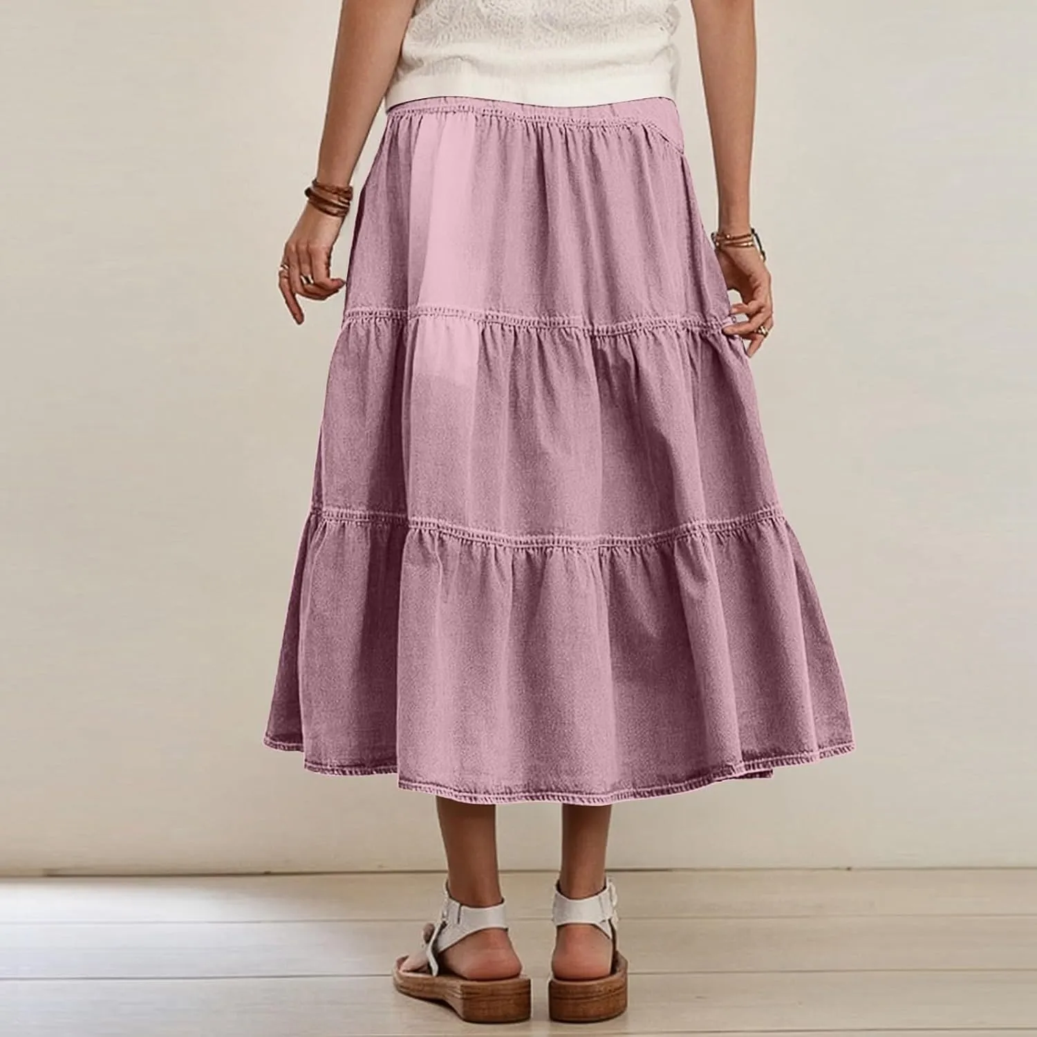 Long Denim Skirts for Women,Button Down High Waist Tiered Ruffle Swing A-Line Jean Maxi Skirt with Pockets