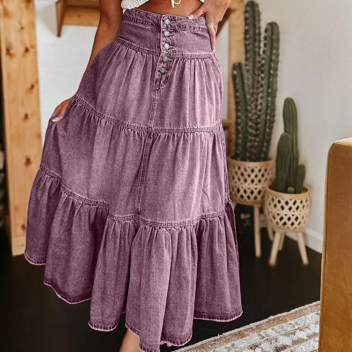 Long Denim Skirts for Women,Button Down High Waist Tiered Ruffle Swing A-Line Jean Maxi Skirt with Pockets