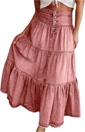 Long Denim Skirts for Women,Button Down High Waist Tiered Ruffle Swing A-Line Jean Maxi Skirt with Pockets