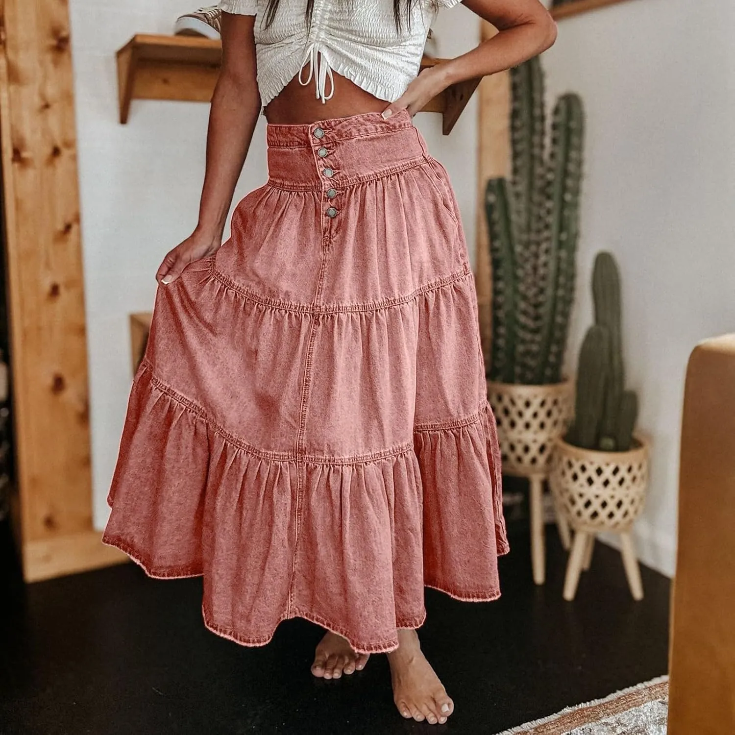 Long Denim Skirts for Women,Button Down High Waist Tiered Ruffle Swing A-Line Jean Maxi Skirt with Pockets