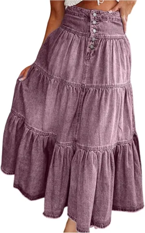 Long Denim Skirts for Women,Button Down High Waist Tiered Ruffle Swing A-Line Jean Maxi Skirt with Pockets