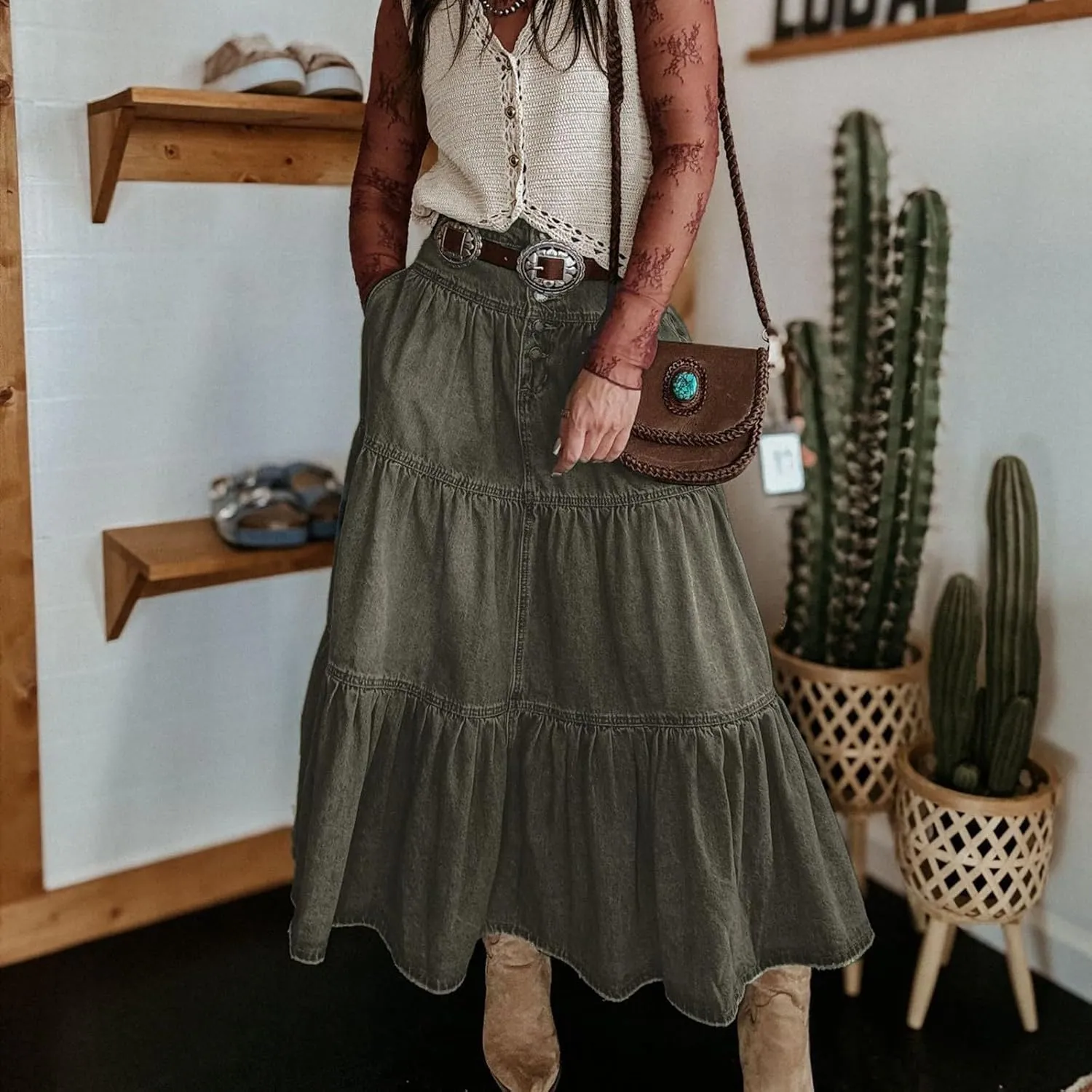 Long Denim Skirts for Women,Button Down High Waist Tiered Ruffle Swing A-Line Jean Maxi Skirt with Pockets