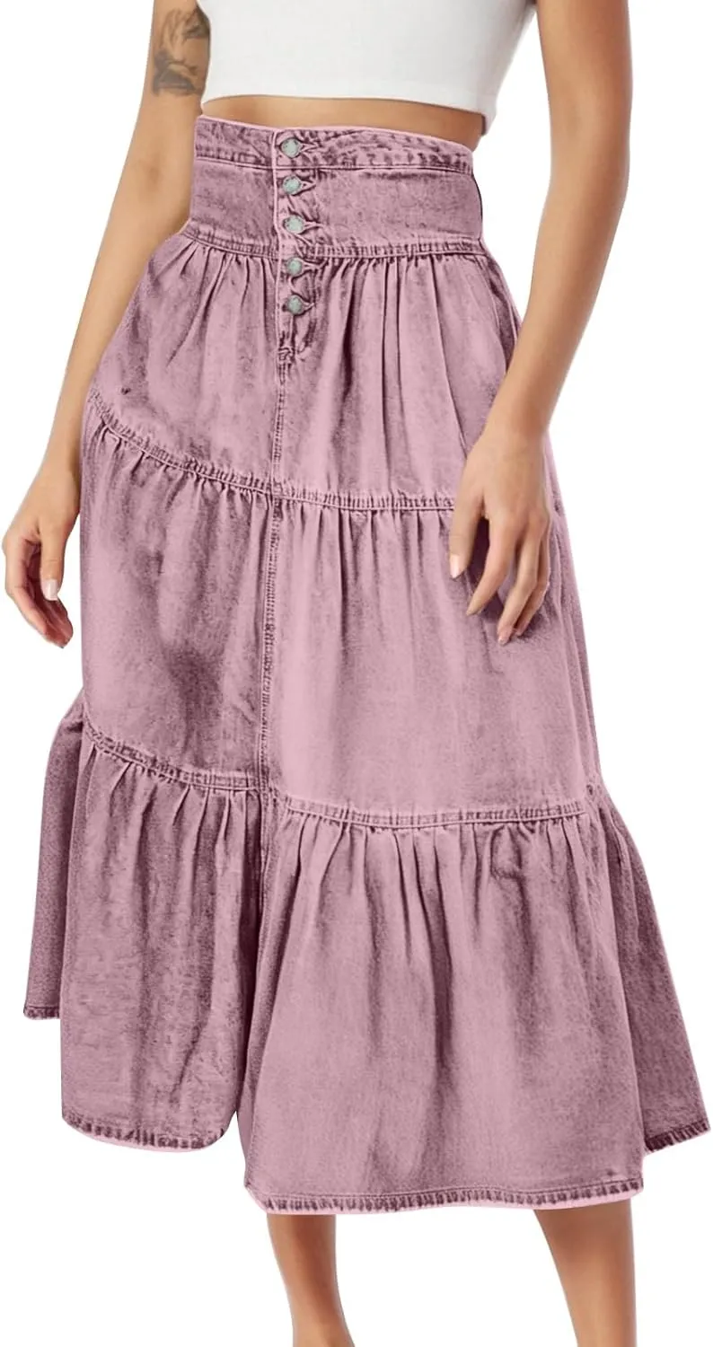 Long Denim Skirts for Women,Button Down High Waist Tiered Ruffle Swing A-Line Jean Maxi Skirt with Pockets