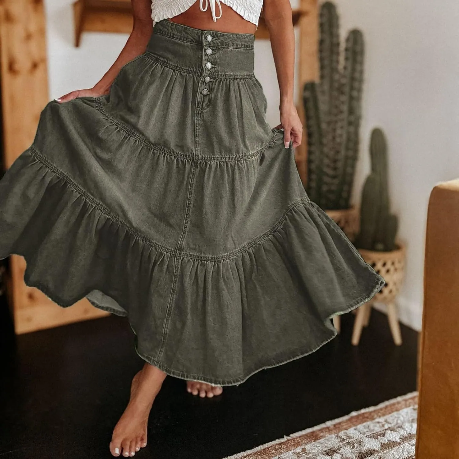 Long Denim Skirts for Women,Button Down High Waist Tiered Ruffle Swing A-Line Jean Maxi Skirt with Pockets