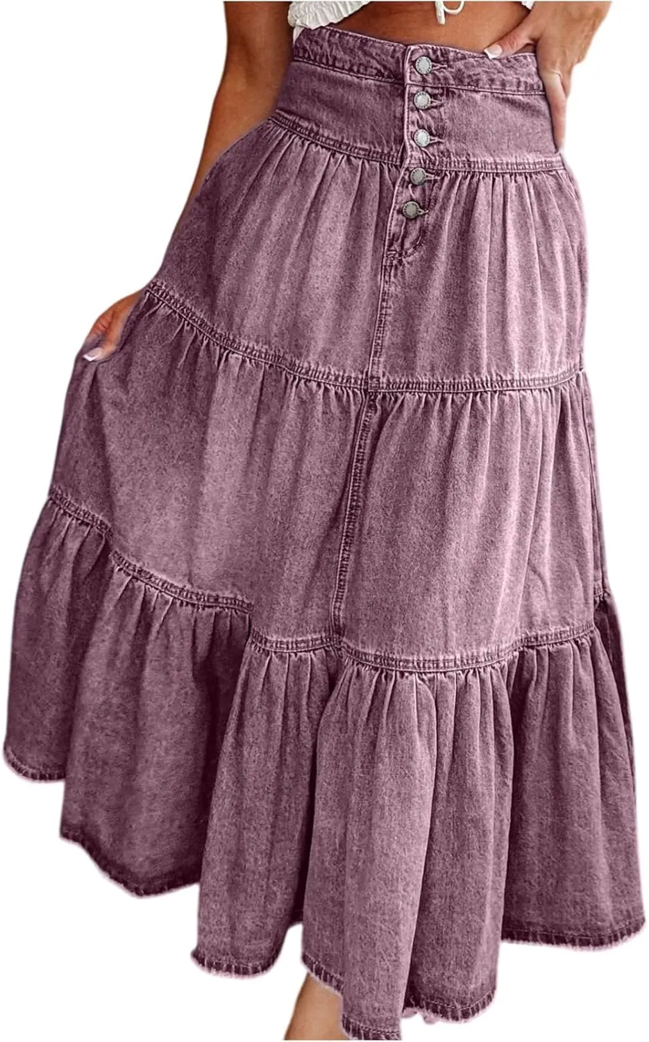 Long Denim Skirts for Women,Button Down High Waist Tiered Ruffle Swing A-Line Jean Maxi Skirt with Pockets