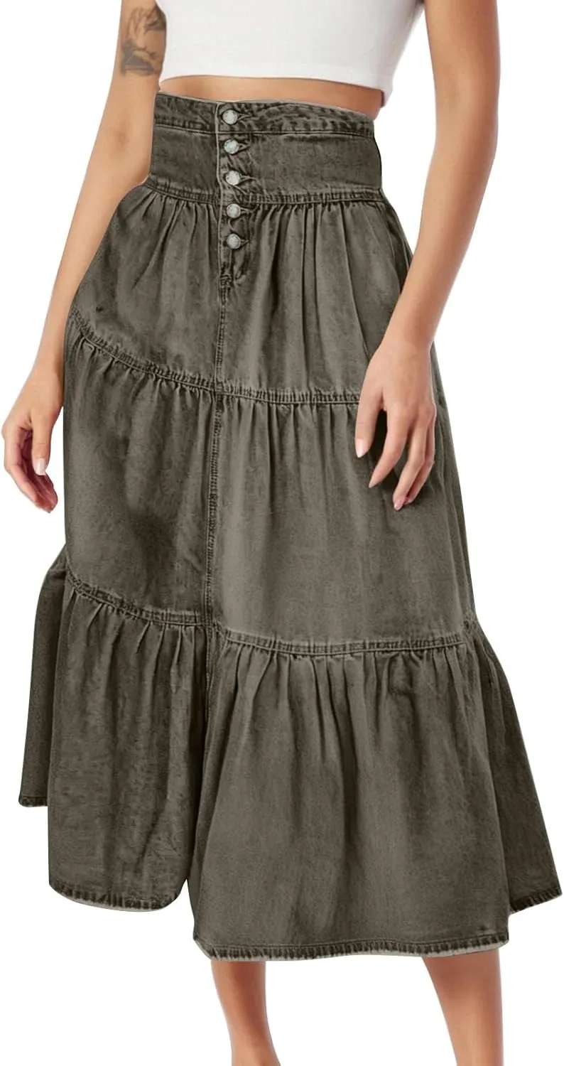 Long Denim Skirts for Women,Button Down High Waist Tiered Ruffle Swing A-Line Jean Maxi Skirt with Pockets