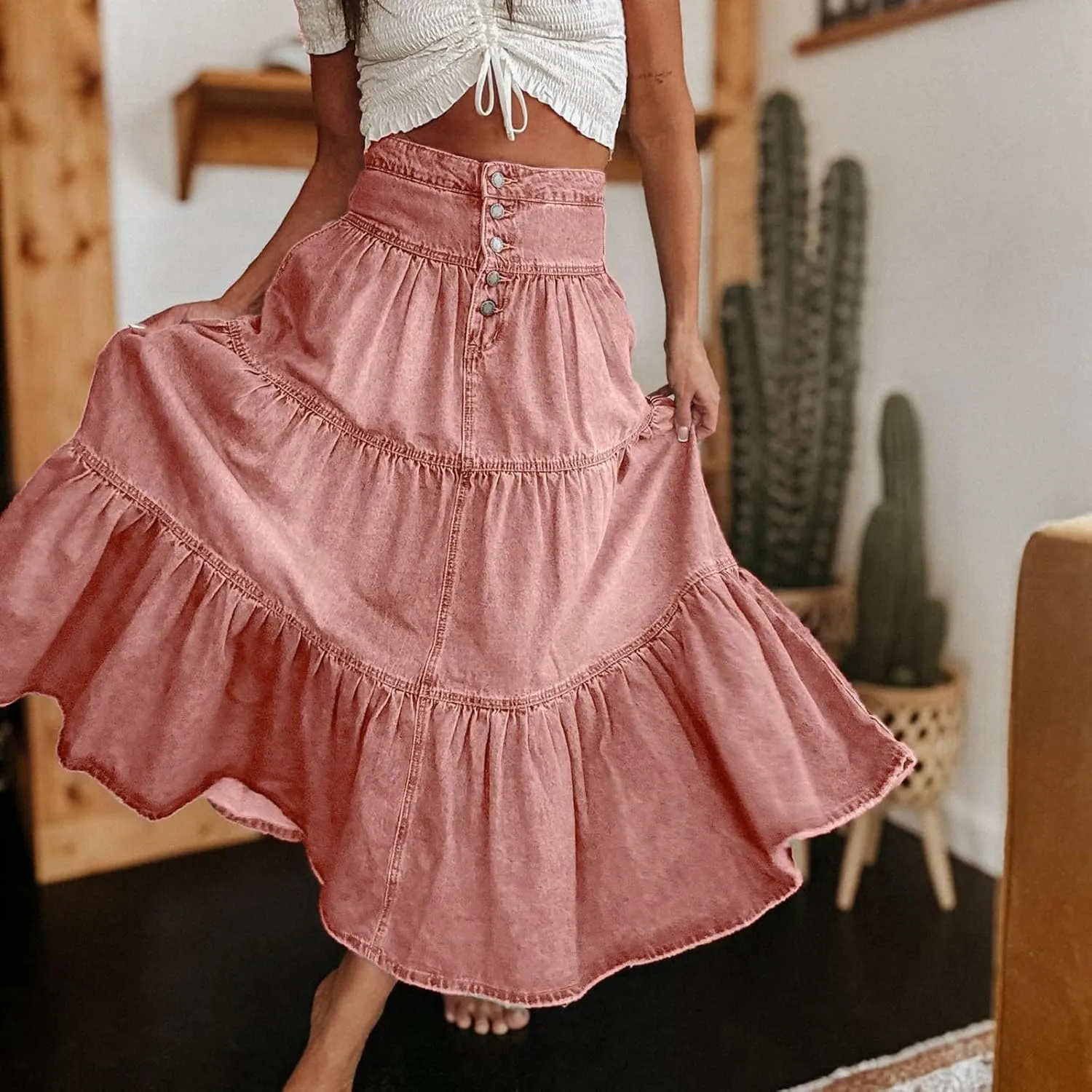 Long Denim Skirts for Women,Button Down High Waist Tiered Ruffle Swing A-Line Jean Maxi Skirt with Pockets