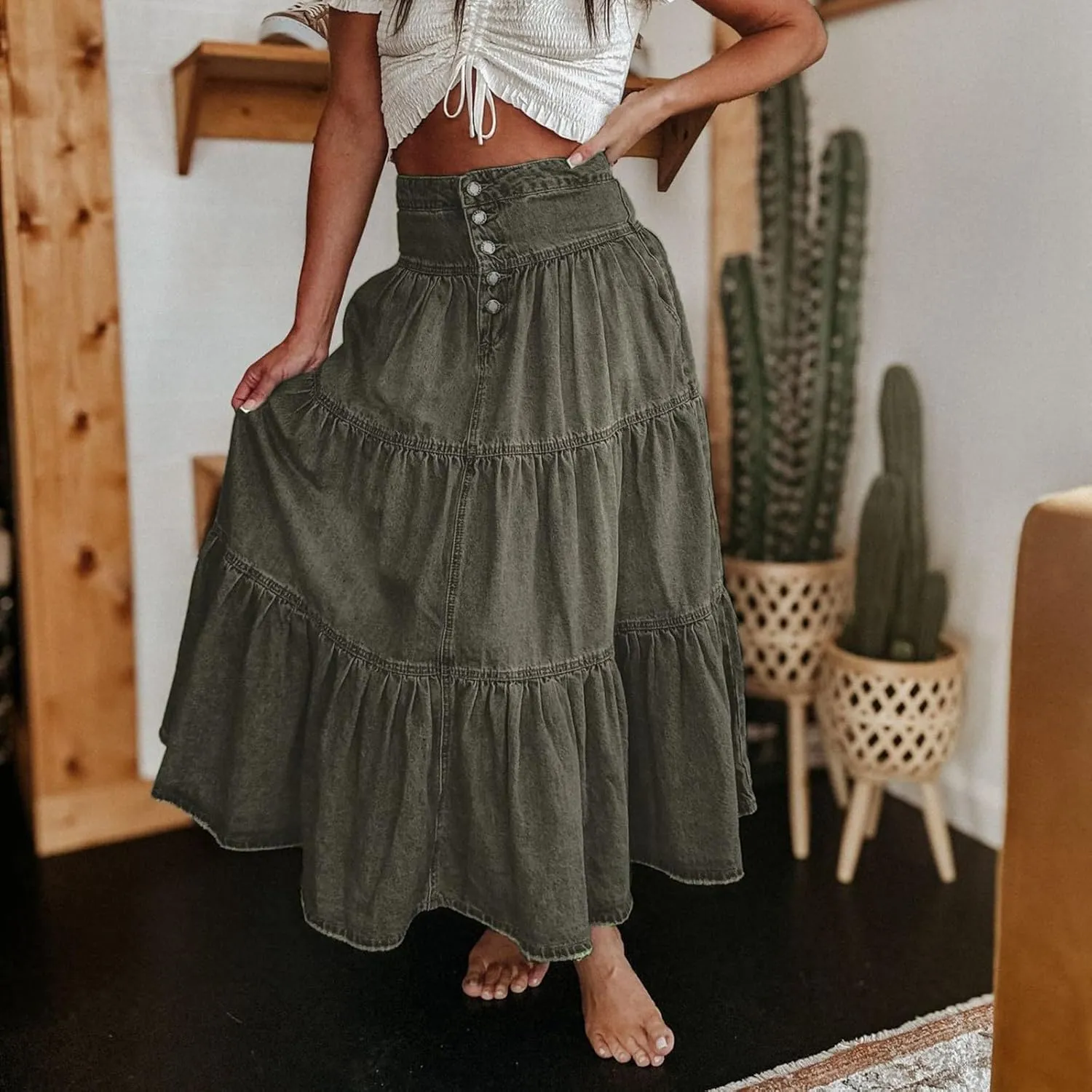 Long Denim Skirts for Women,Button Down High Waist Tiered Ruffle Swing A-Line Jean Maxi Skirt with Pockets