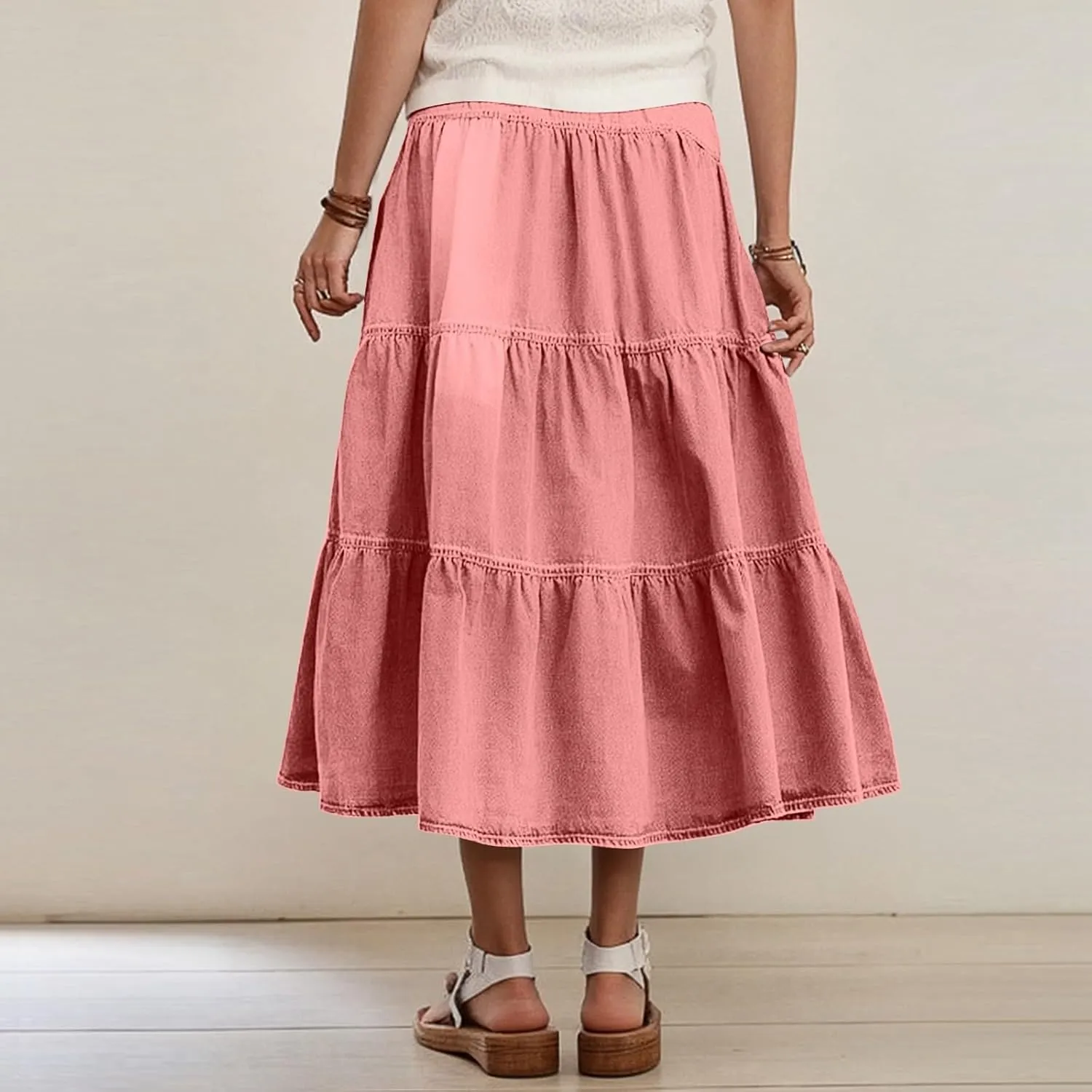 Long Denim Skirts for Women,Button Down High Waist Tiered Ruffle Swing A-Line Jean Maxi Skirt with Pockets