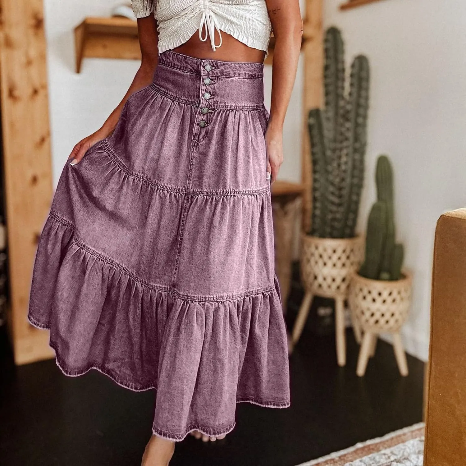 Long Denim Skirts for Women,Button Down High Waist Tiered Ruffle Swing A-Line Jean Maxi Skirt with Pockets