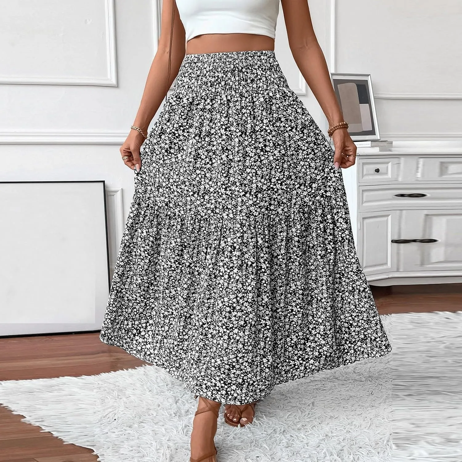Long Flowy Skirts for Women Smocked High Waisted Floral Maxi Skirt with Pockets Boho Ruffle Tiered Beach A Line Skirt