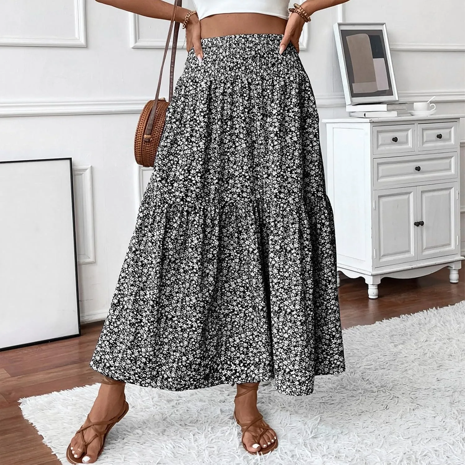 Long Flowy Skirts for Women Smocked High Waisted Floral Maxi Skirt with Pockets Boho Ruffle Tiered Beach A Line Skirt