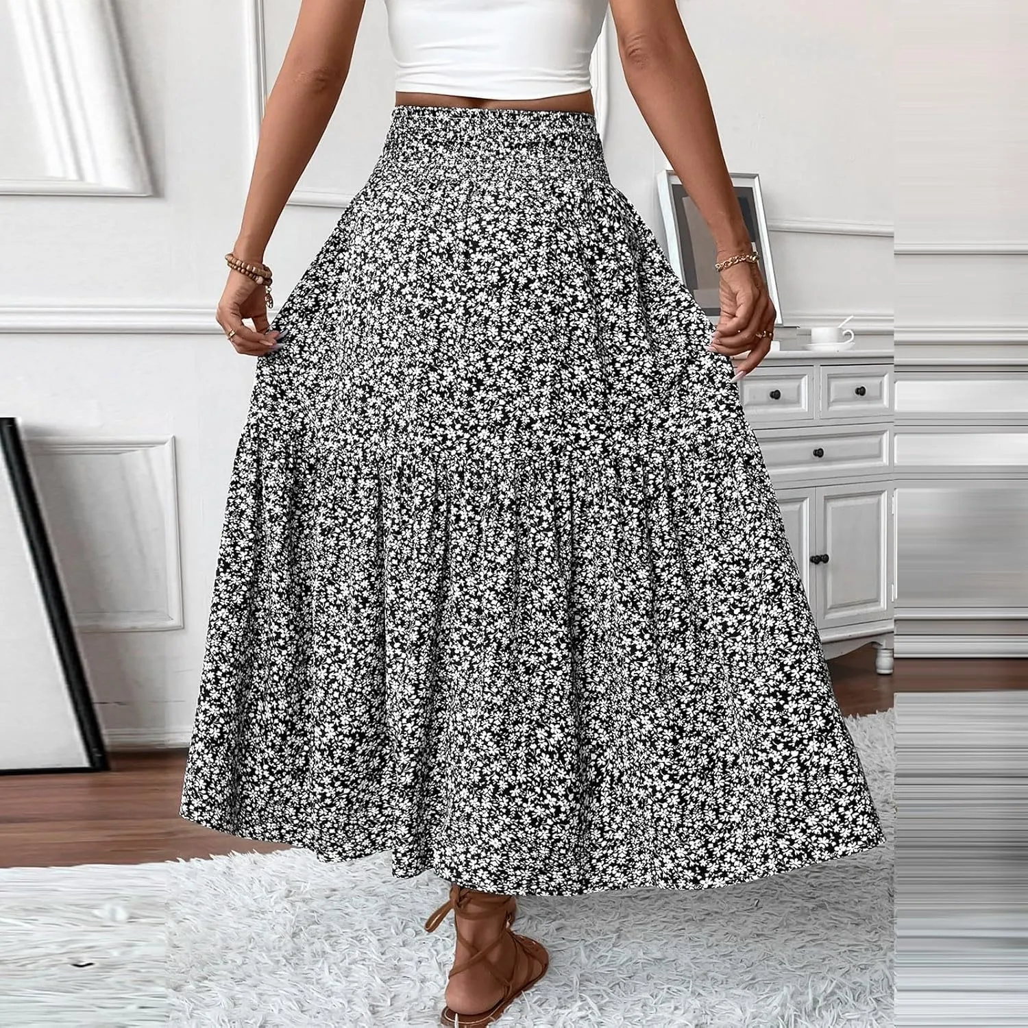 Long Flowy Skirts for Women Smocked High Waisted Floral Maxi Skirt with Pockets Boho Ruffle Tiered Beach A Line Skirt
