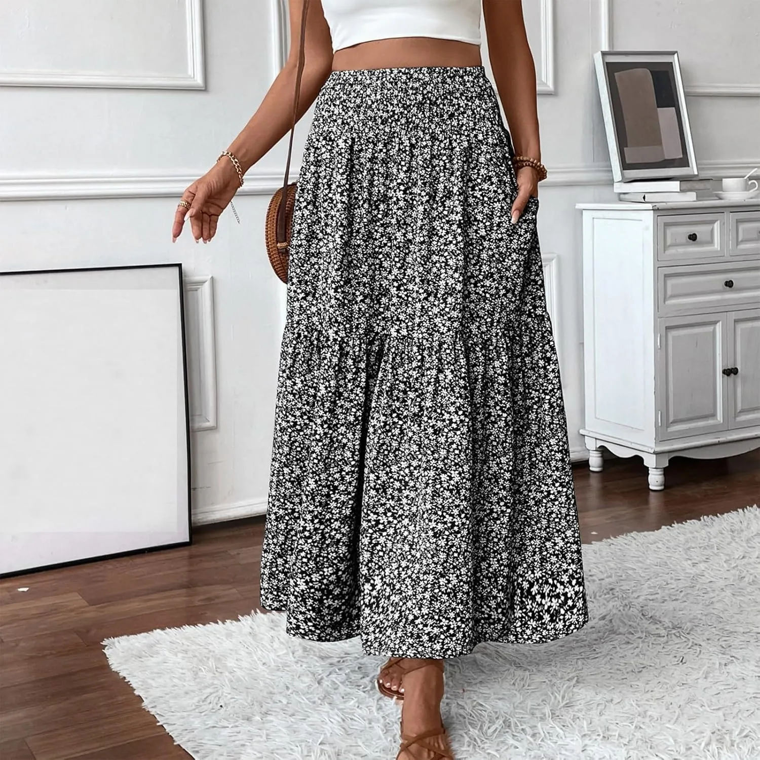 Long Flowy Skirts for Women Smocked High Waisted Floral Maxi Skirt with Pockets Boho Ruffle Tiered Beach A Line Skirt