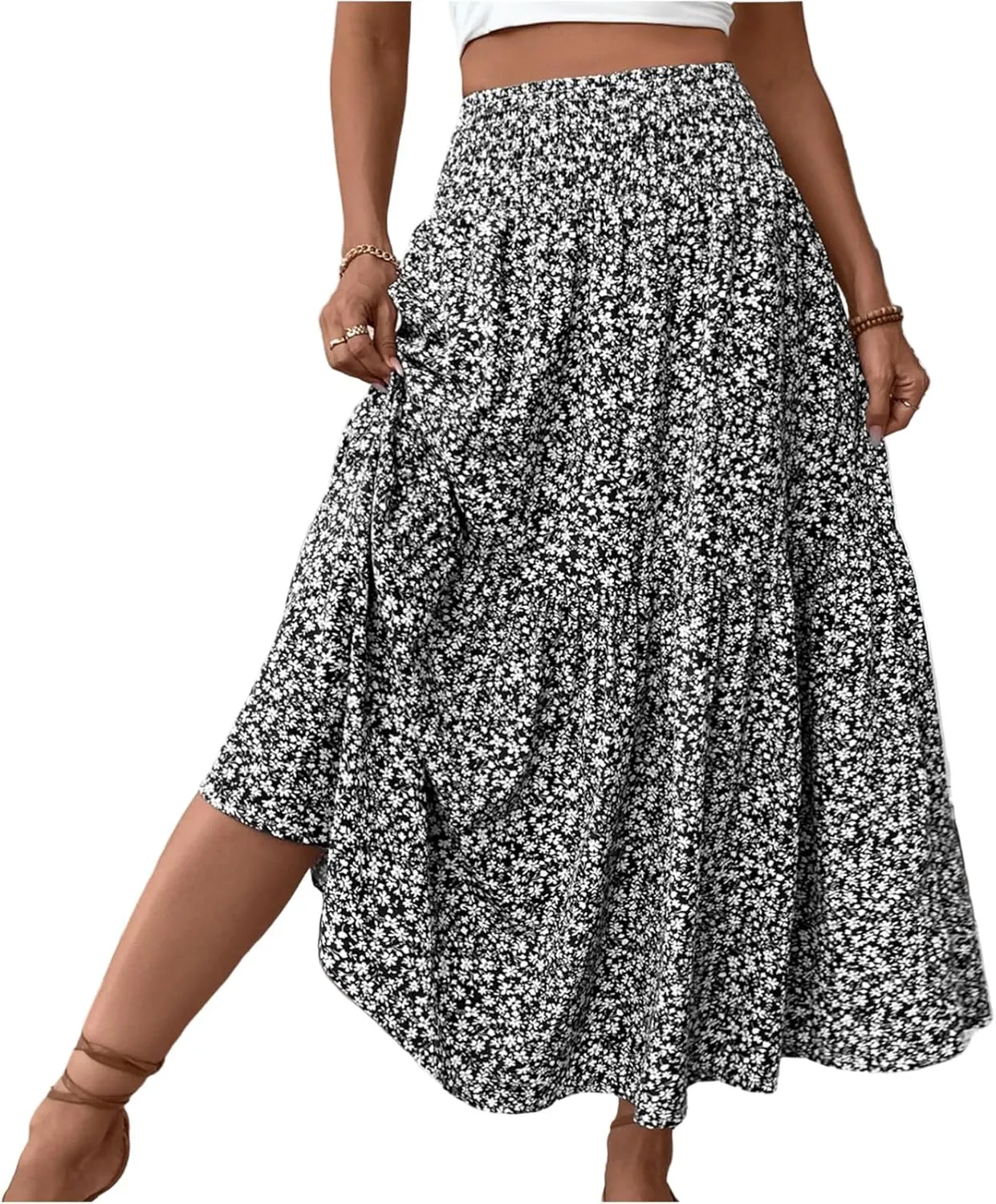 Long Flowy Skirts for Women Smocked High Waisted Floral Maxi Skirt with Pockets Boho Ruffle Tiered Beach A Line Skirt