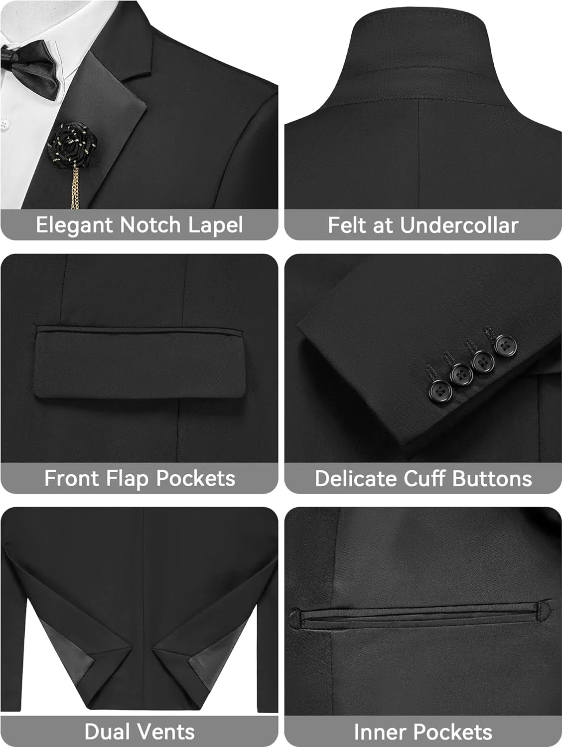 MAGE MALE Men's 3 Piece Tuxedo Suits Slim Fit One Button Formal Wedding Party Tux Blazer Vest Pants Set