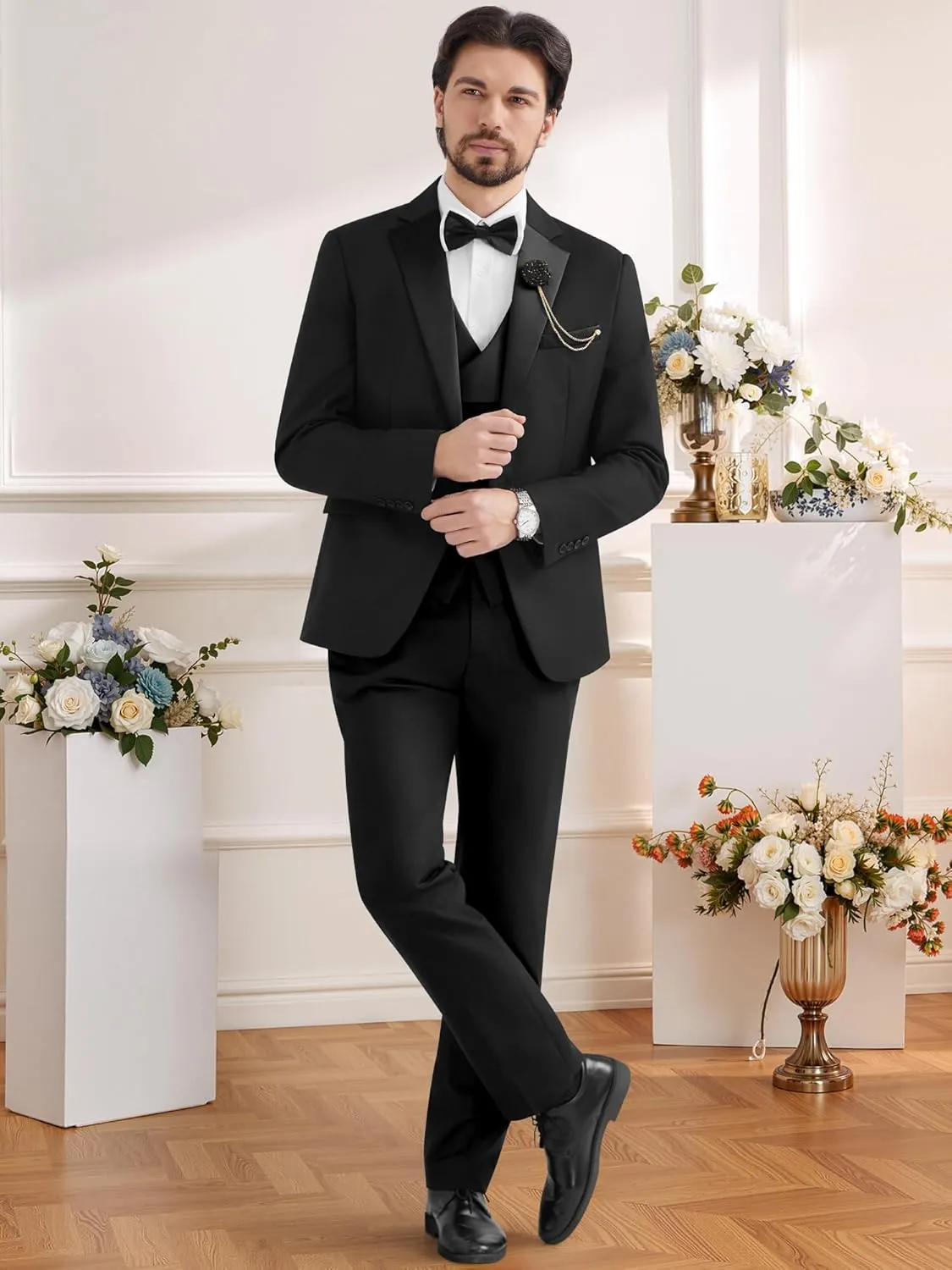 MAGE MALE Men's 3 Piece Tuxedo Suits Slim Fit One Button Formal Wedding Party Tux Blazer Vest Pants Set