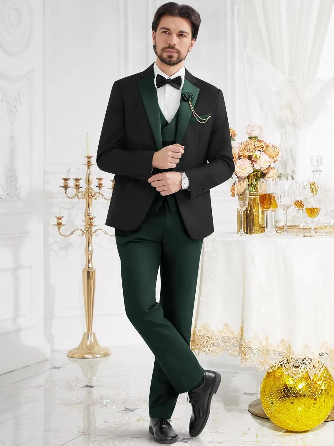 MAGE MALE Men's 3 Piece Tuxedo Suits Slim Fit One Button Formal Wedding Party Tux Blazer Vest Pants Set