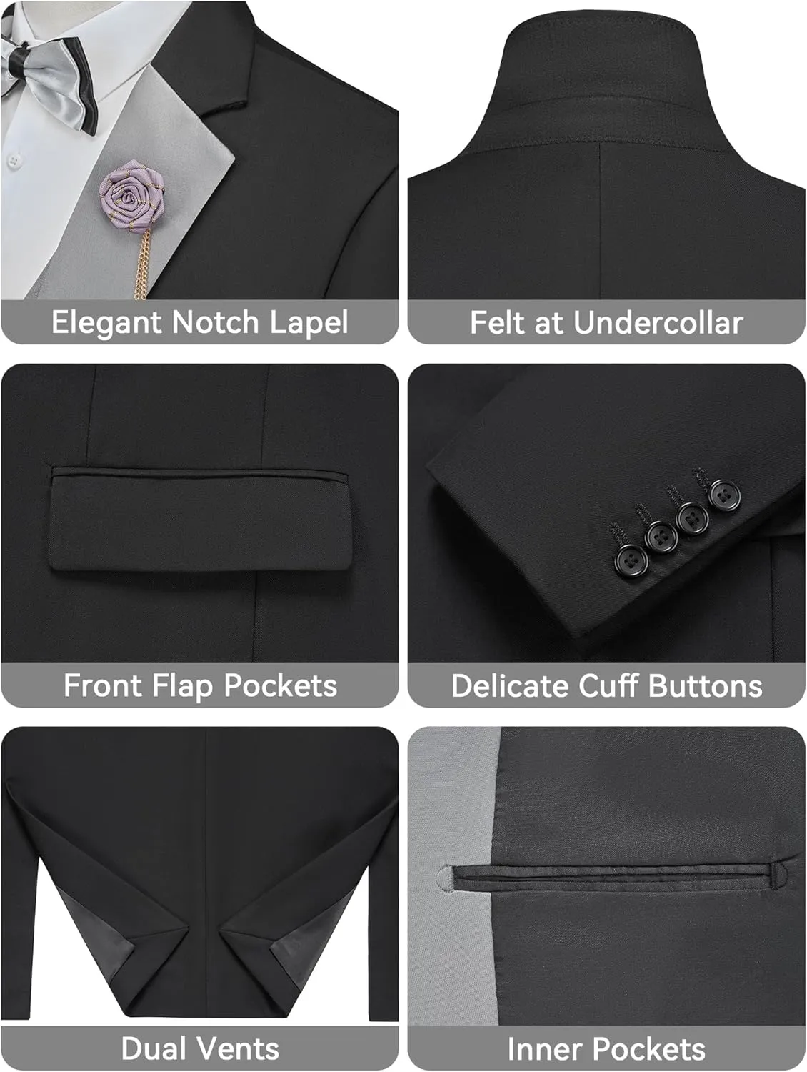 MAGE MALE Men's 3 Piece Tuxedo Suits Slim Fit One Button Formal Wedding Party Tux Blazer Vest Pants Set