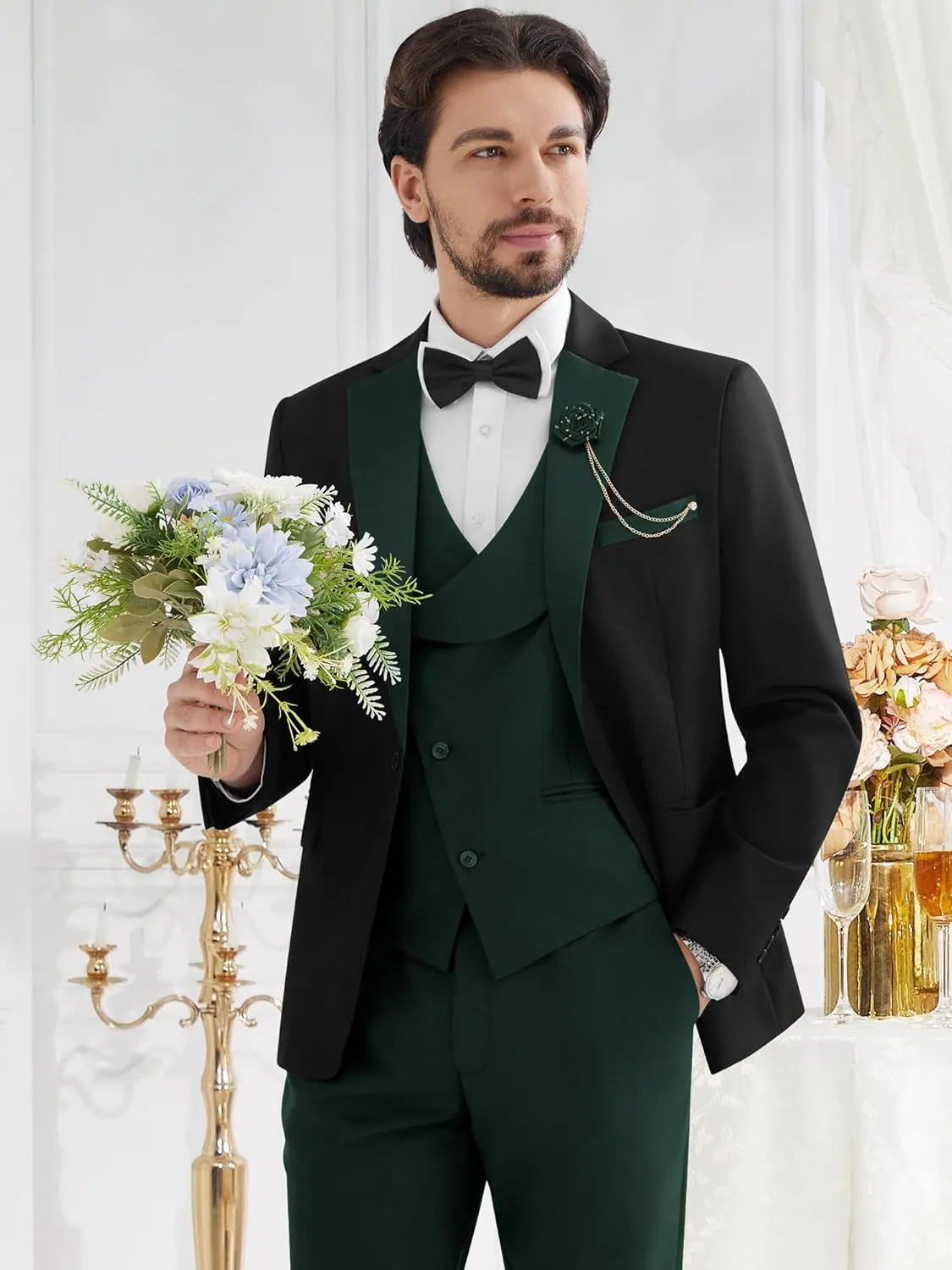 MAGE MALE Men's 3 Piece Tuxedo Suits Slim Fit One Button Formal Wedding Party Tux Blazer Vest Pants Set