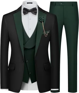 MAGE MALE Men's 3 Piece Tuxedo Suits Slim Fit One Button Formal Wedding Party Tux Blazer Vest Pants Set