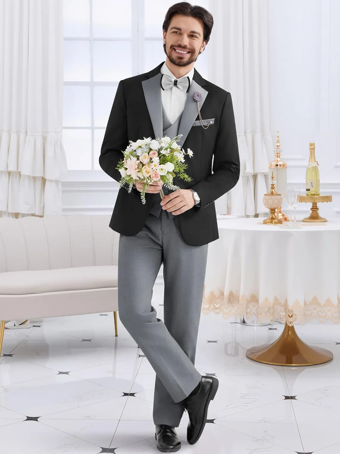MAGE MALE Men's 3 Piece Tuxedo Suits Slim Fit One Button Formal Wedding Party Tux Blazer Vest Pants Set
