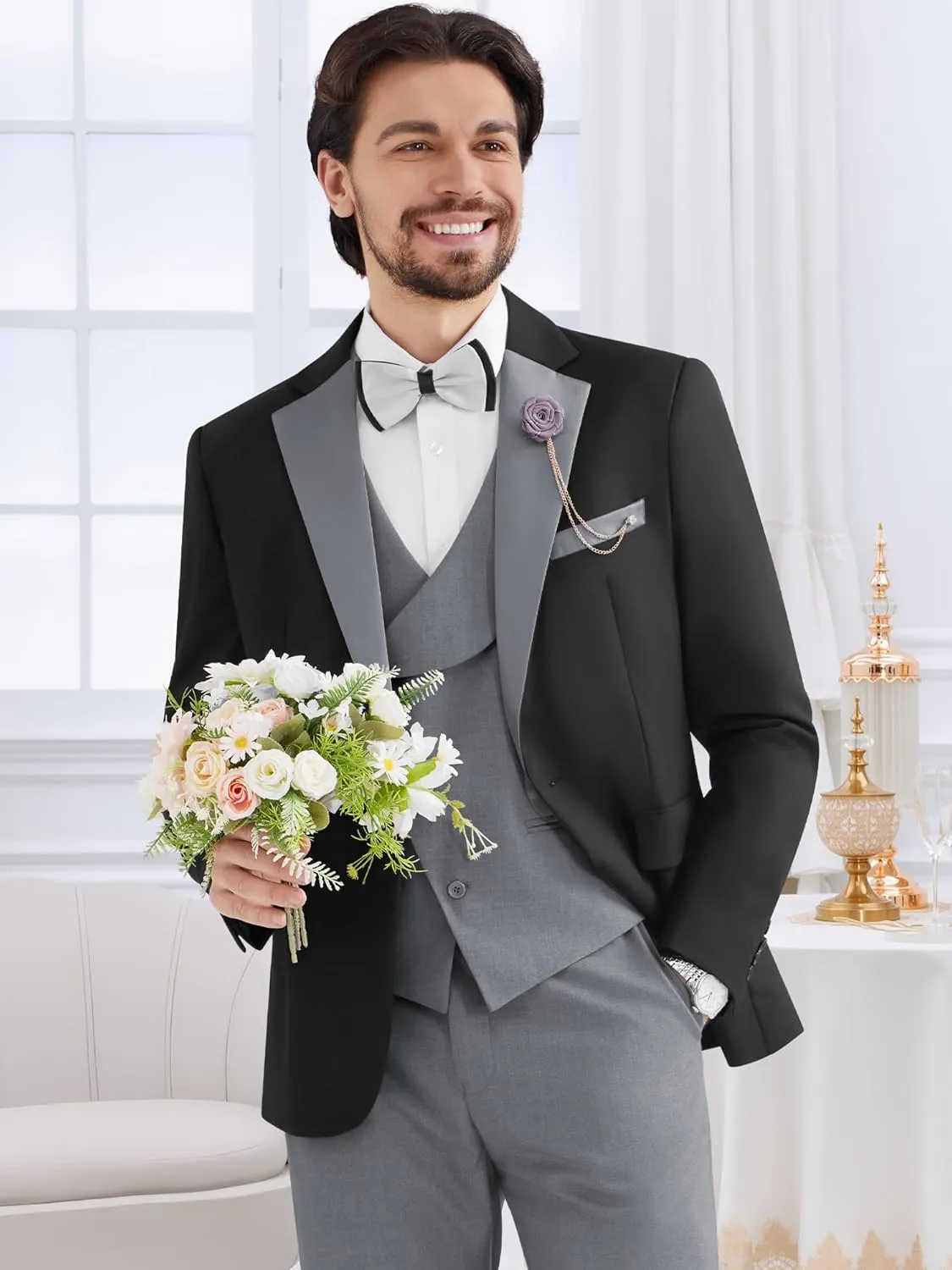 MAGE MALE Men's 3 Piece Tuxedo Suits Slim Fit One Button Formal Wedding Party Tux Blazer Vest Pants Set