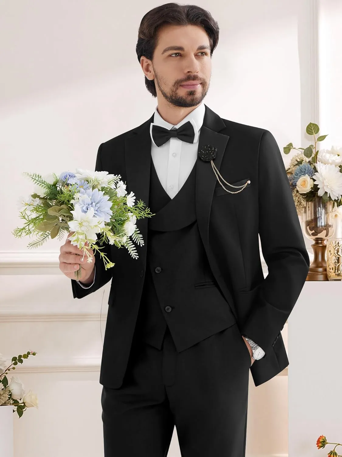 MAGE MALE Men's 3 Piece Tuxedo Suits Slim Fit One Button Formal Wedding Party Tux Blazer Vest Pants Set