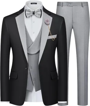 MAGE MALE Men's 3 Piece Tuxedo Suits Slim Fit One Button Formal Wedding Party Tux Blazer Vest Pants Set