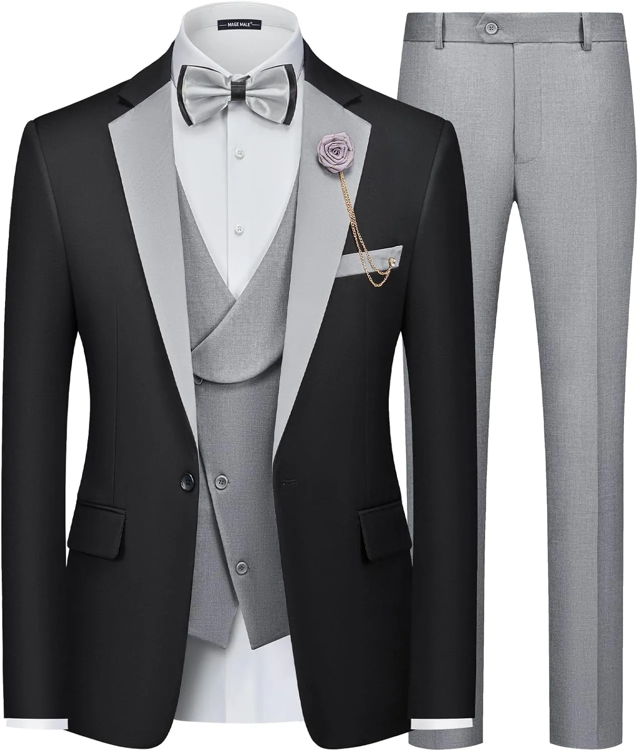 MAGE MALE Men's 3 Piece Tuxedo Suits Slim Fit One Button Formal Wedding Party Tux Blazer Vest Pants Set