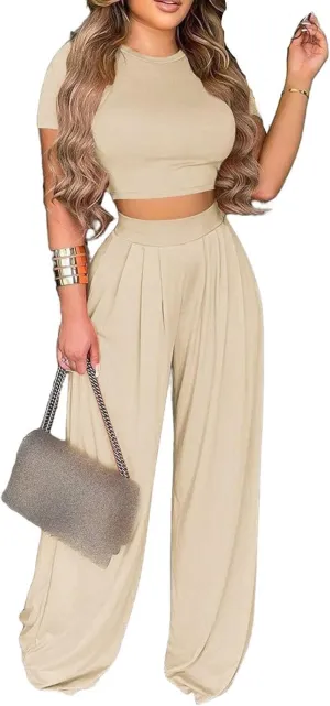 Mandonce 2 Piece Outfits for Women Crew Neck Short Sleeve Crop Tops Printed Wide Leg Long Pants Summer Matching Sets
