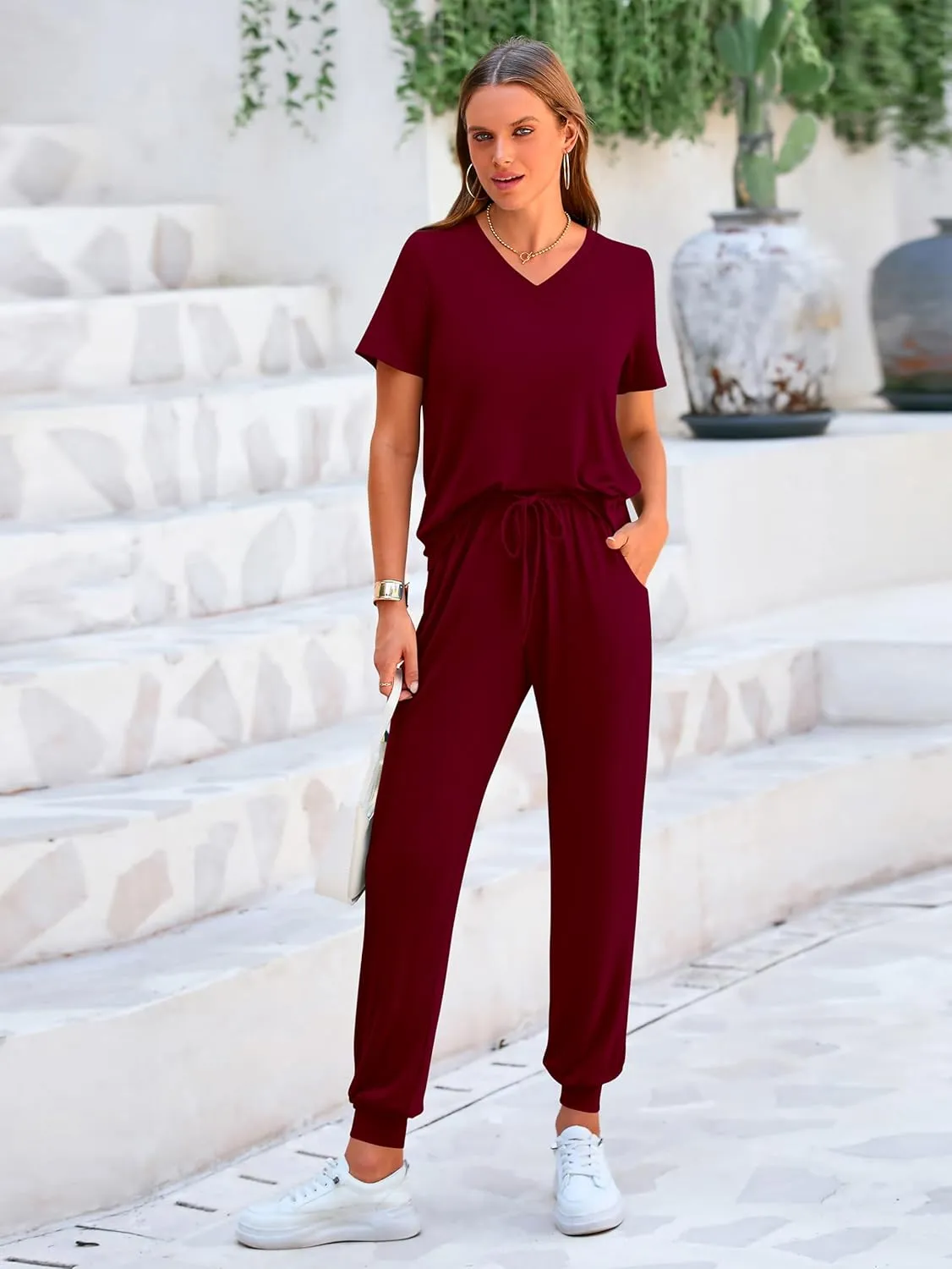 MASCOMODA Womens 2 Piece Outfits Summer Casual V Neck Short Sleeve Tops Long Pants Tracksuit Lounge Jogger Set with Pockets